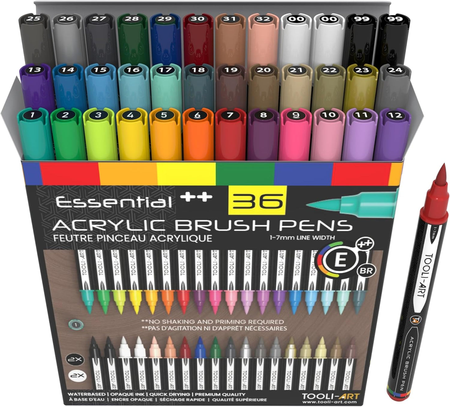 36 Flexible Brush Tip Acrylic Paint Pens Markers Set 1-7mm Line for Rock Painting, Brush Lettering, Scrapbooking, Glass, Mugs, Wood, Metal, Canvas, Fabric, Plastic. Non Toxic Waterbased Quick Drying