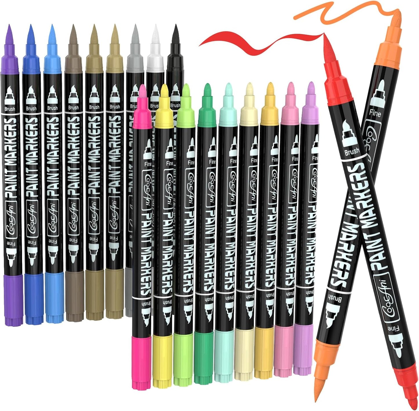 20 Colors Acrylic Paint Pens, Water-based Paint Markers for Wood,Canvas, Glass, Ceramic, Roch Painting,DIY Crafts, Art Supplier (20 Corlors(Brush and Fine Nib))