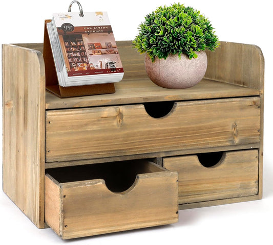 Besti Wooden Office Desk Organizer - Organizing Tool for Desktop, Cubicle, Bedroom, Kitchen - Vintage Style Organization Caddy with Top Tray Shelf & 3 Drawers - 13.6x9x7 Inches (Rustic Burnt)