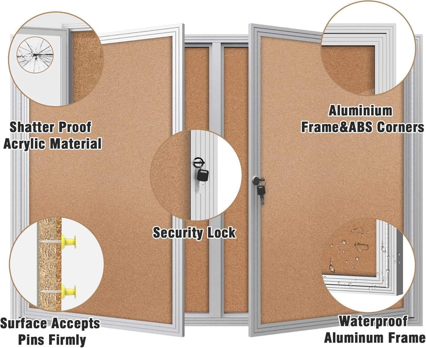 48"x34" Enclosed Bulletin Board, Outdoor Lockable Weather-Resistant Aluminum Cork Noticeboard for School & Office, Silver Frame w/Cork