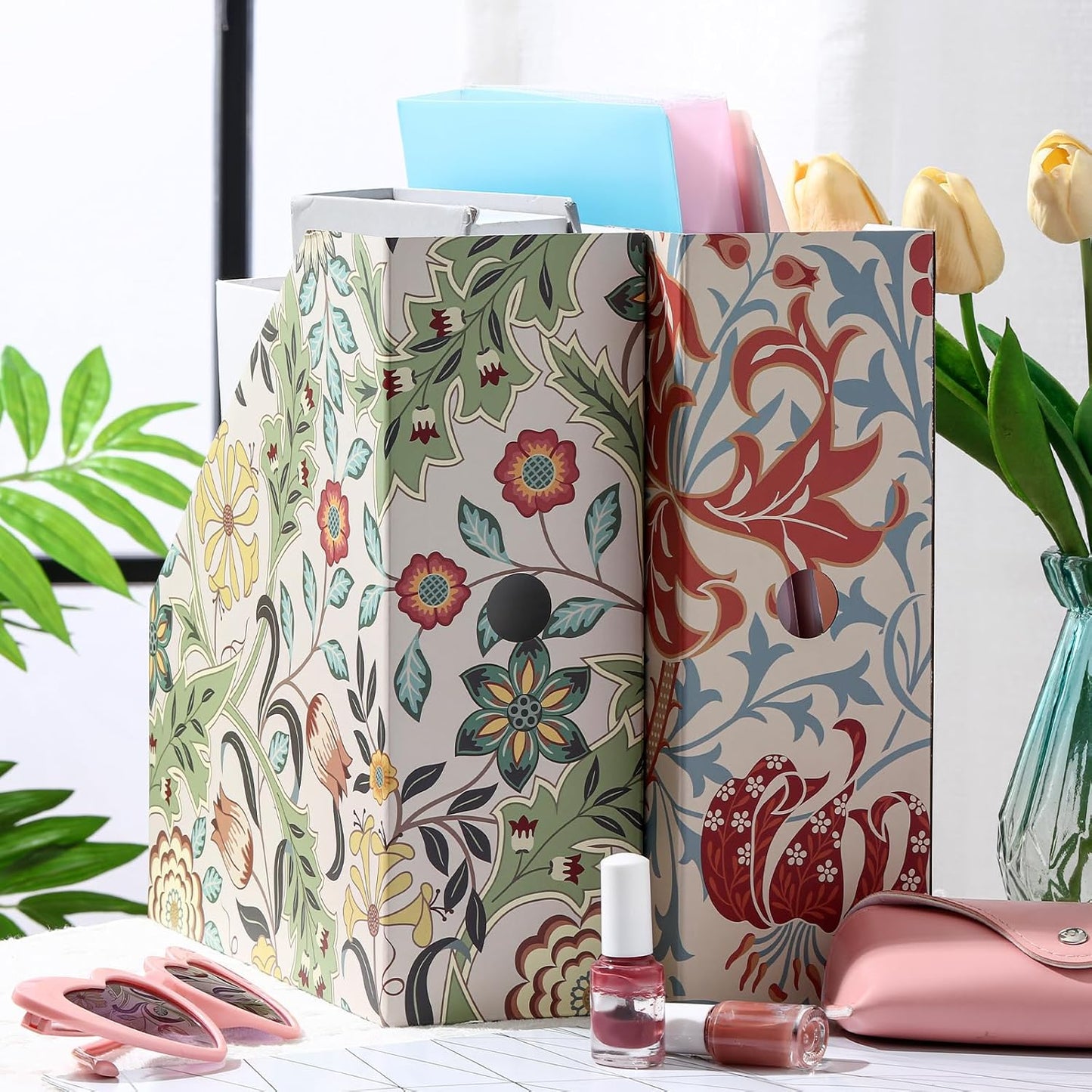 PerKoop 6 Pcs Magazine File Holder Foldable Decorative Cardboard File Folders 6 Patterns Floral Colored Magazine Rack with Printable Sticker Labels for School Office Home Desk (Floral)