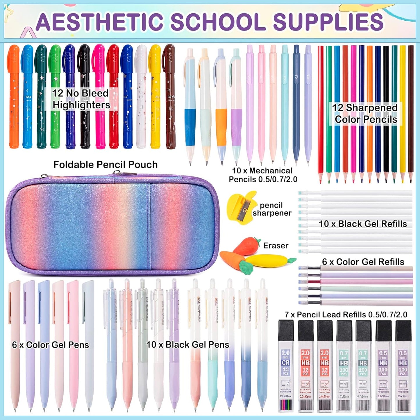 78 PCS Writing & Drawing Set with Cute Pen Case, Office Back to School Supplies Stationary 12 Pastel No Bleed Highlighters, 10 Mechanical Pencils Set 0.5 0.7 & 2.0mm, 6 Colored And 10 Black Gel Pens