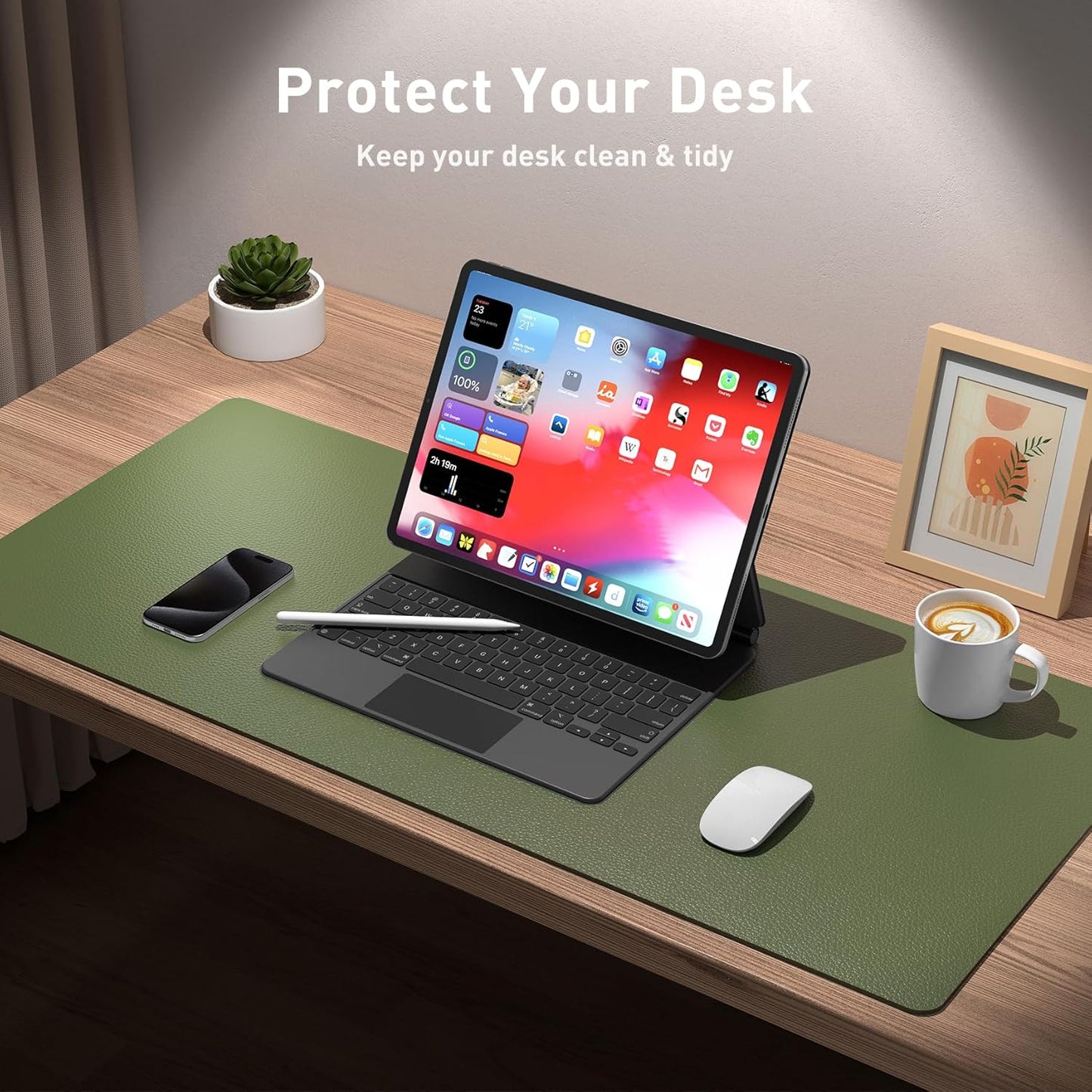Aothia Leather Desk Pad Protector, Mouse Pad, Office Desk Mat, Non-Slip PU Leather Desk Blotter, Laptop Desk Pad, Waterproof Desk Writing Pad for Office and Home (31.5" x 15.7",Olive Green)