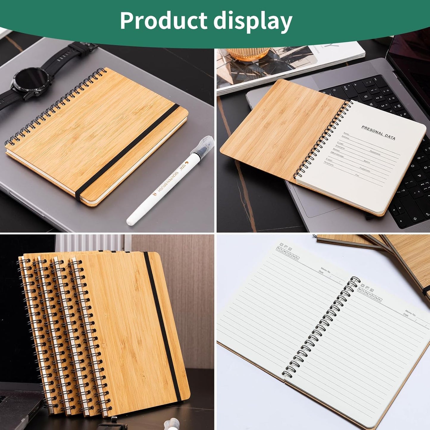 4 Set Lined Bamboo Journal Notebook,80 Pages,5”*7”,Hardcover Executive Notebooks,Daily Journal Notebook for Work,Travel,School,Note Taking,College (4)