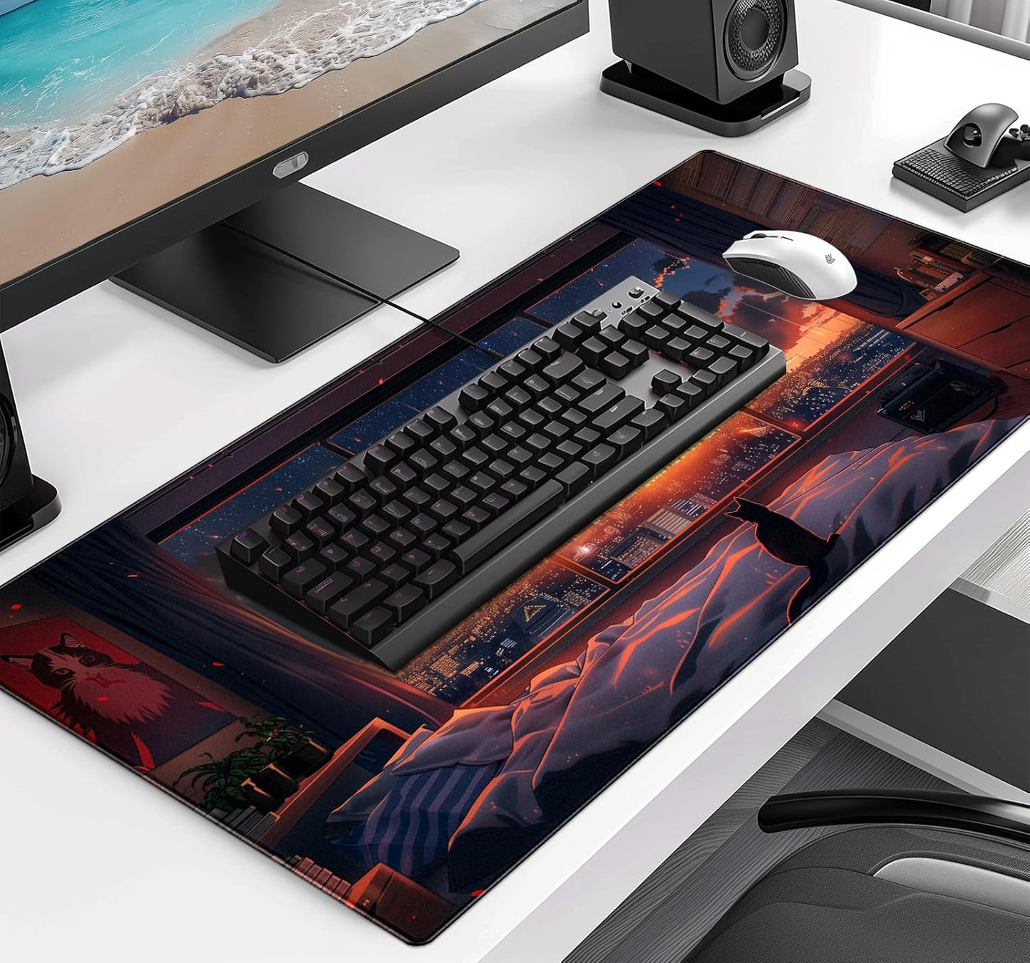 Anime Cat Fantasy Window Mouse Pad, Summer Mouse Pad Large Healing Night Scene, Game Table Pad XL Office Decoration Women's Laptop Keyboard Pad 35.4 x 15.7 x 0.12 Inches