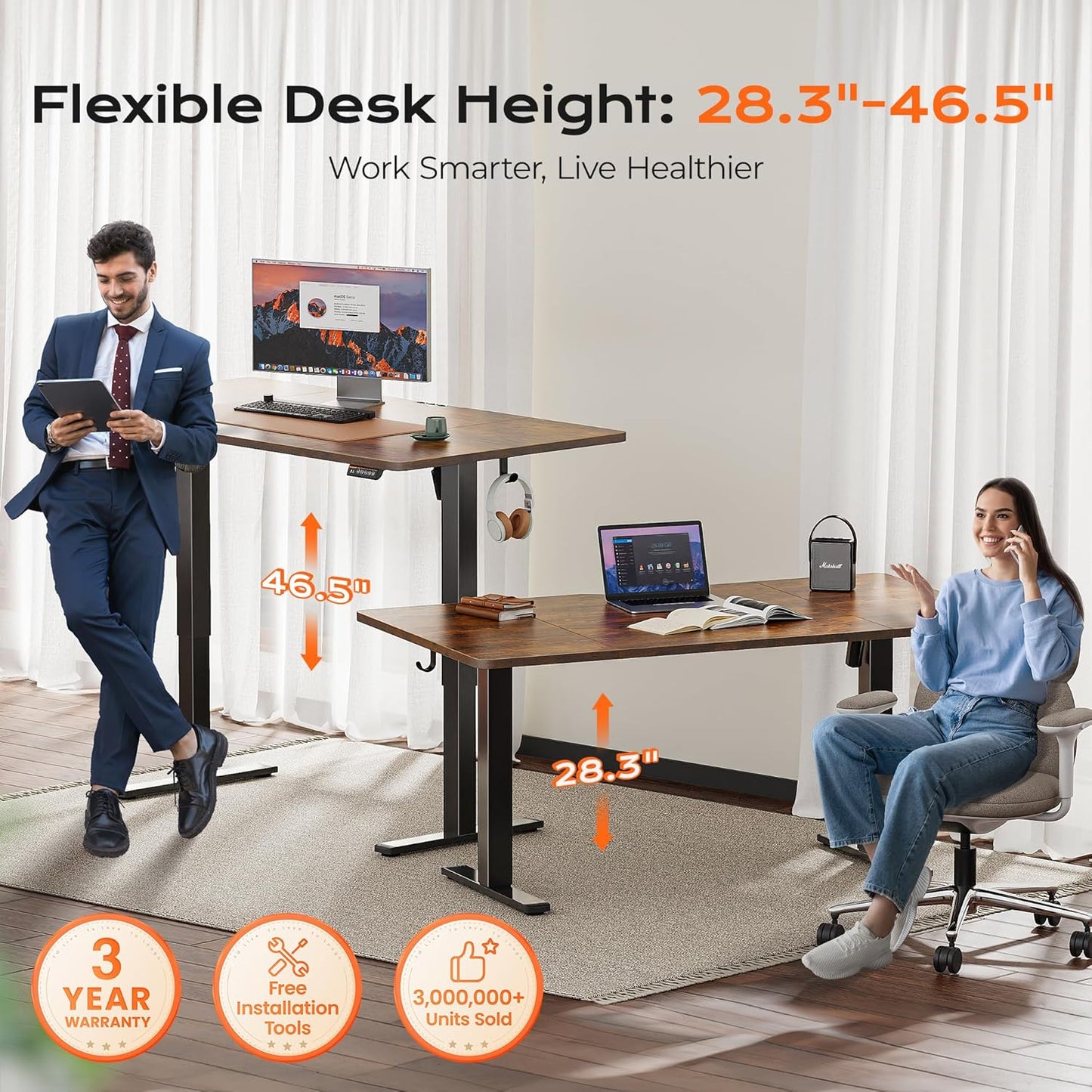 Huuger 63 x 28 Large Electric Standing Desk, Height Adjustable Computer Desk, 27.6" Deep Desktop, Stand up Gaming Office Table with 2 Hooks, 3 Preset Heights, for Home Office, Rustic Brown