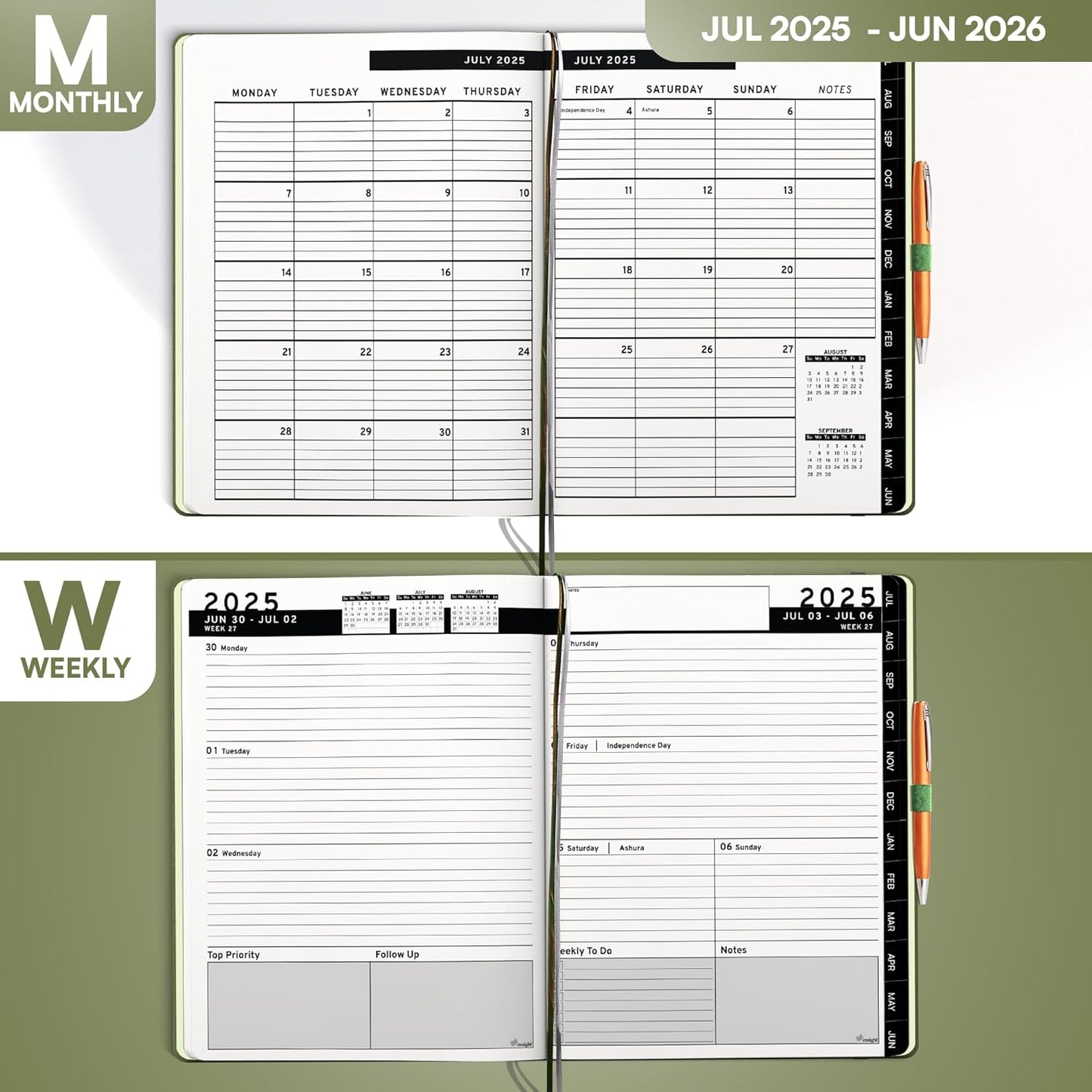 Ensight 2025-2026 HARDCOVER Leather Planner Weekly & Monthly - 8.5x11 Inches - Academic Planner Business Personal or Student - Pen Holder, Thick Paper, July 2025 - June 2026 (Olive Green)