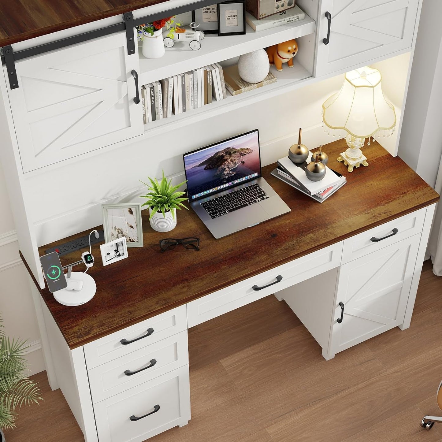 Farmhouse 67" H Executive Desk with Hutch,Office Desk with 5 Drawers, Computer Desks with Storage Cabinet & File Drawers and Charging Station, Workstation for Home Office and Study.(Unique White)