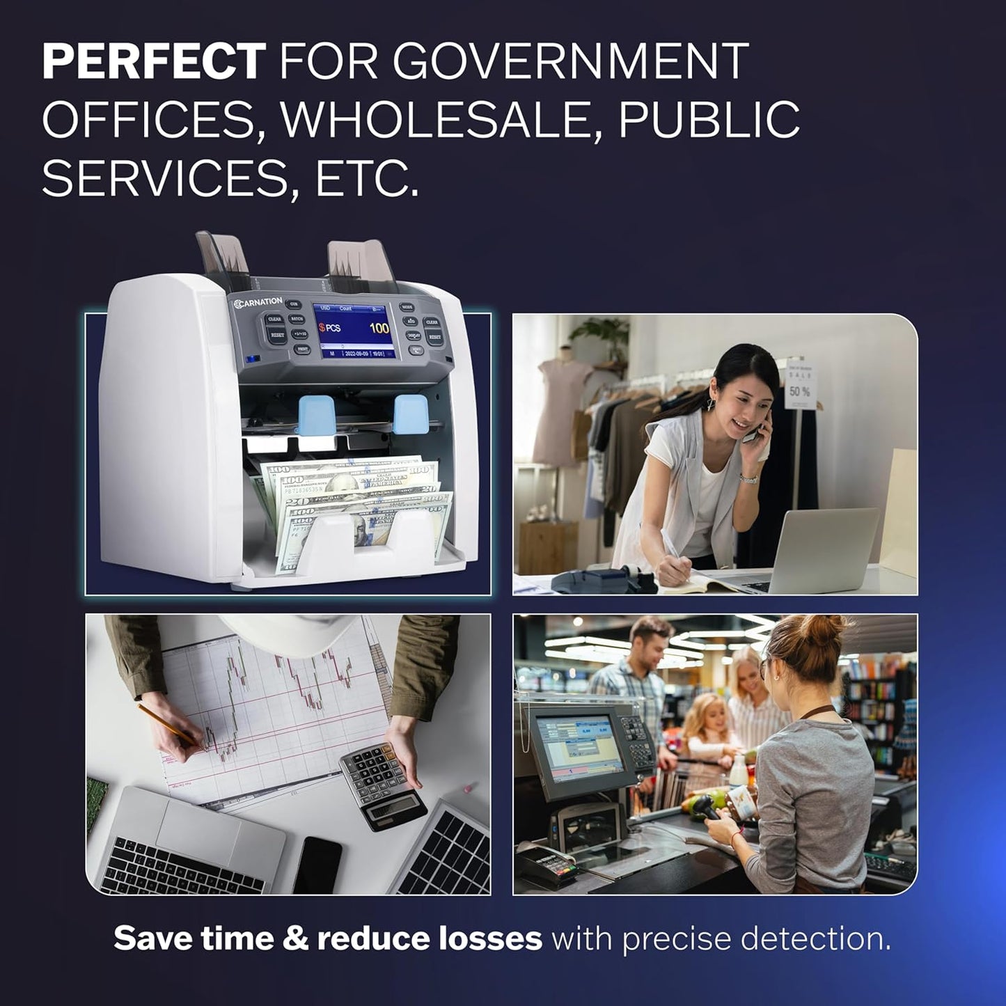 CARNATION Multi-Currency Bill Counter and Sorter with Counterfeit Detection - Money Counter Machine with MG, IR, MT, UV & CIS Image Recognition