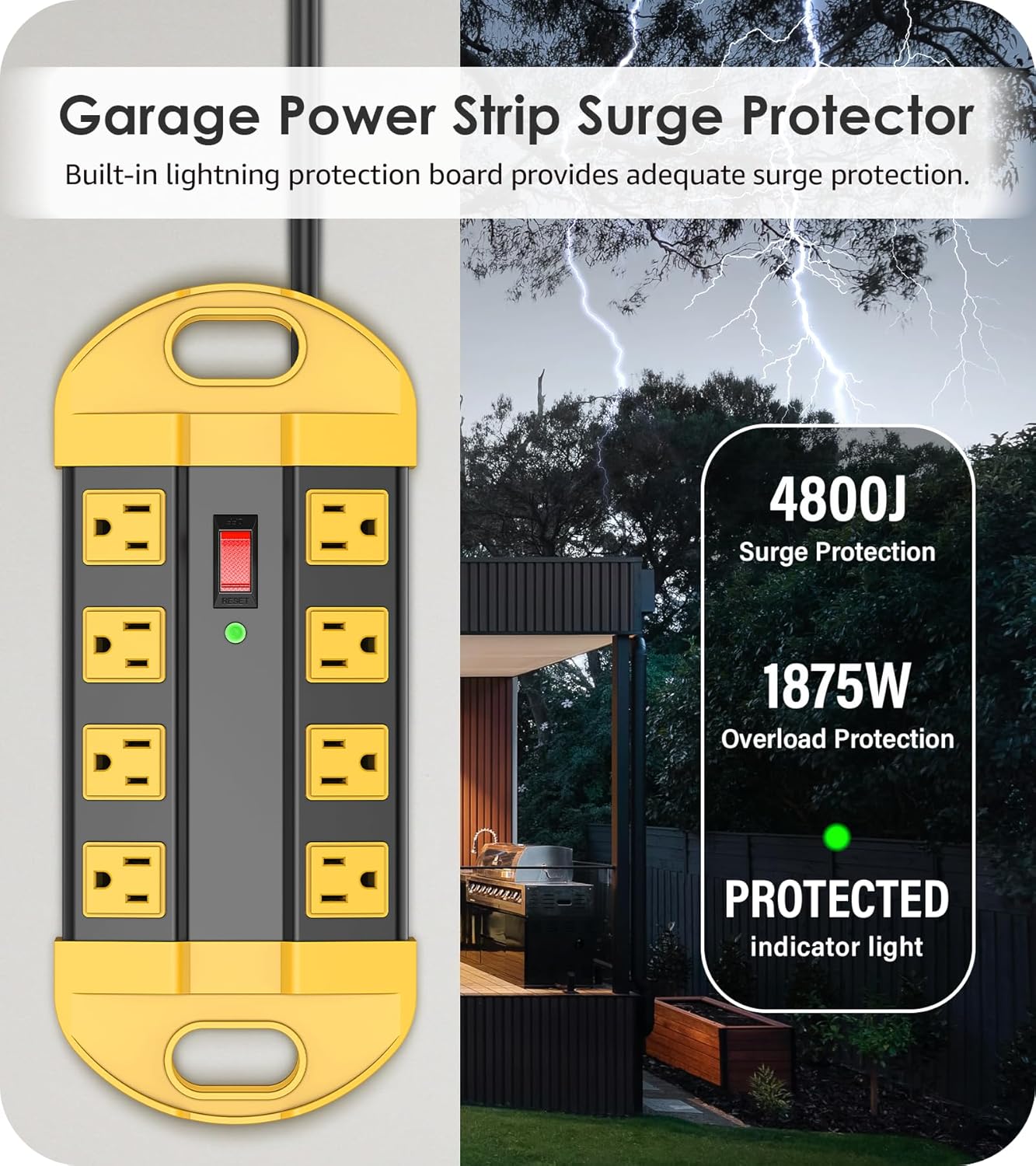 CCCEI Heavy Duty Power Strip Surge Protector, Metal 8 Outlets Power Strip for Appliance. Garage Shop Industrial Workbench 15 AMP Outlets Strip. 6FT Extension Cord. Set