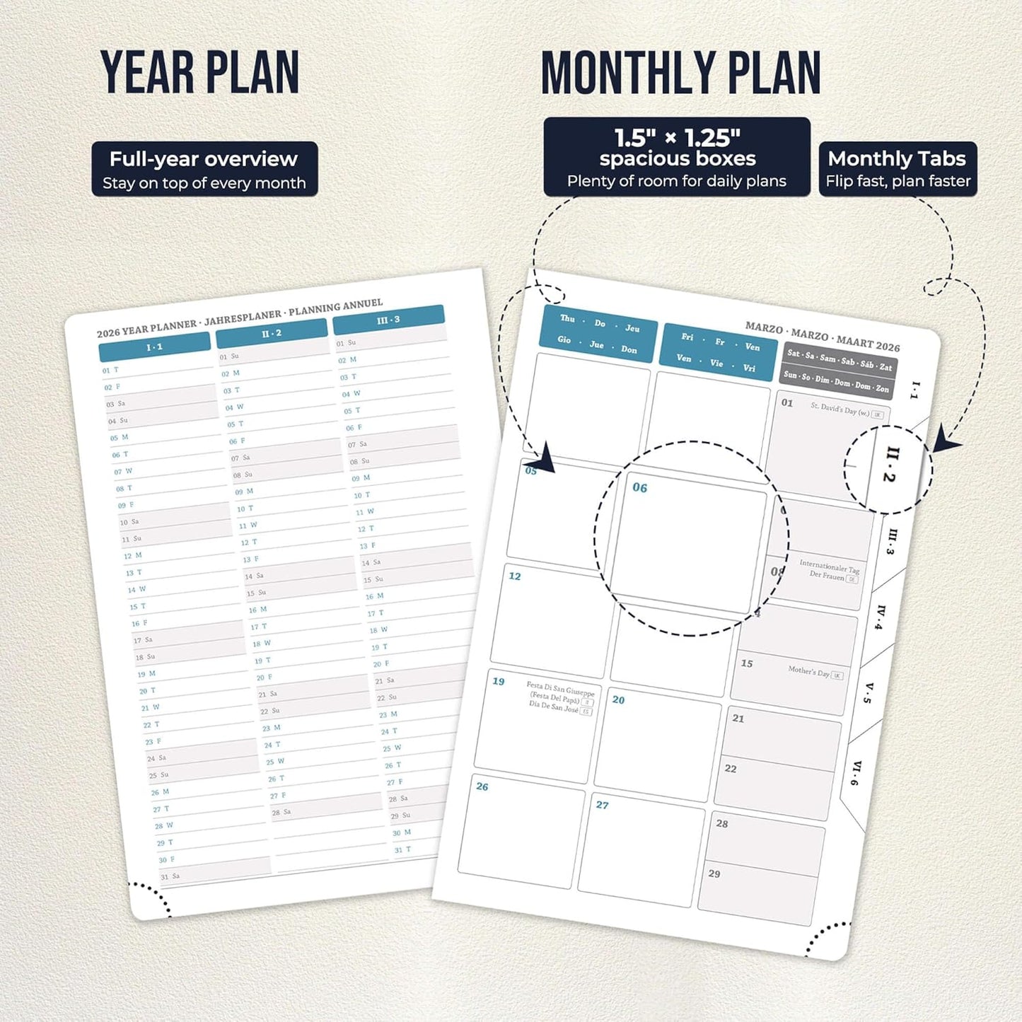 Daily Planner 2026 with One Page Per Day,(A5-8.5" x 5.9"),12 Months Calendar Hourly Appointment Book Monthly Tabs & Self-adhesive Pen Holder,Inner Pocket,Durable Vegan Leather,Dark blue