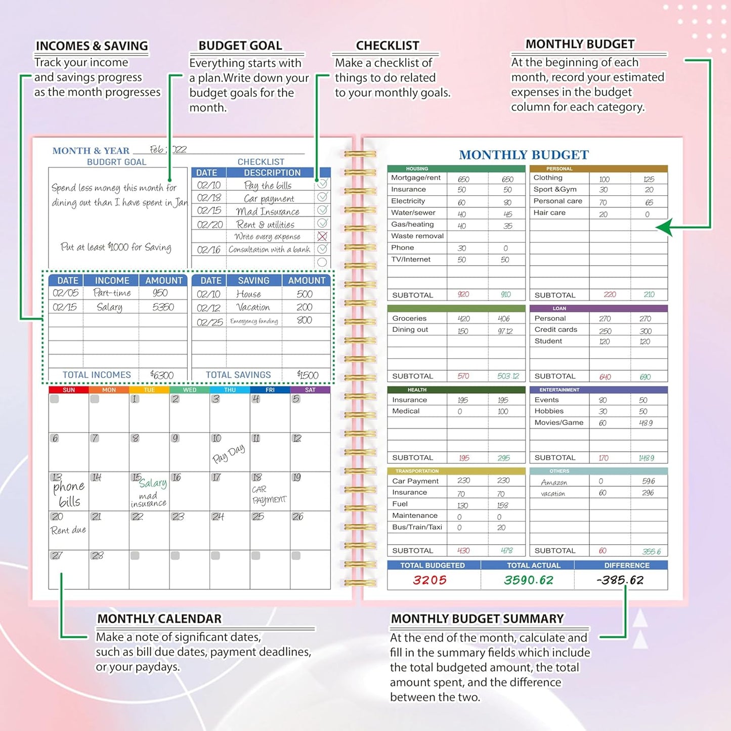 Budget Planner - Monthly Finance Organizer with Expense Tracker Notebook to Manage Your Money Effectively, Undated Finance Planner/Account Book, Start Anytimem,A5(8.6x5.9 inchs),100gsm Paper - Pink