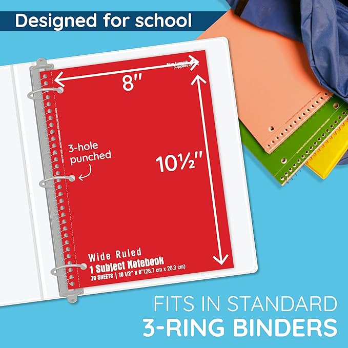 Blue Summit Wide Ruled Spiral Notebook, 1 Subject Spiral Notebook Wide Ruled, Paper School Notebooks Bulk, 12 Pack