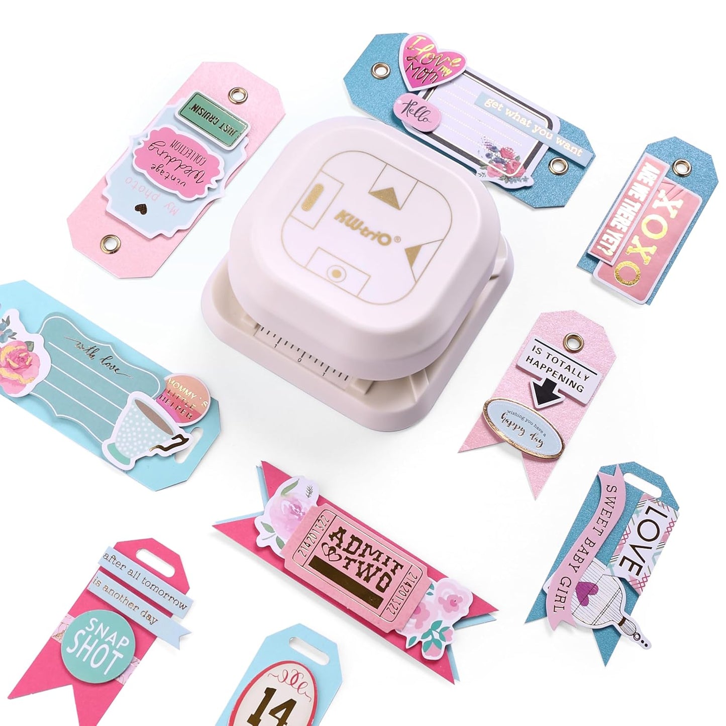 4 in 1 Tag Punch for Paper Crafts, Kaluofan 2024 New Gift Tag Marker Punch, Paper Punches for Crafting, 4 Shapes Card Making Scrapbooking Arts Corner Cutter DIY Projects