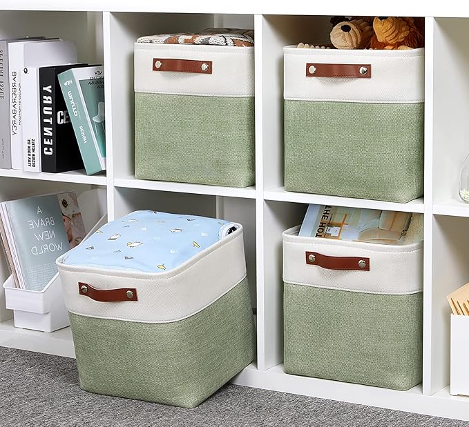 DULLEMELO Storage Baskets for Organizing, Fabric Storage Cubes for Dog Toy Box, 11 Inch Decorative Cube Storage Bins with handle for Baby Gift Basket(4 Pack - 11" White&Green)