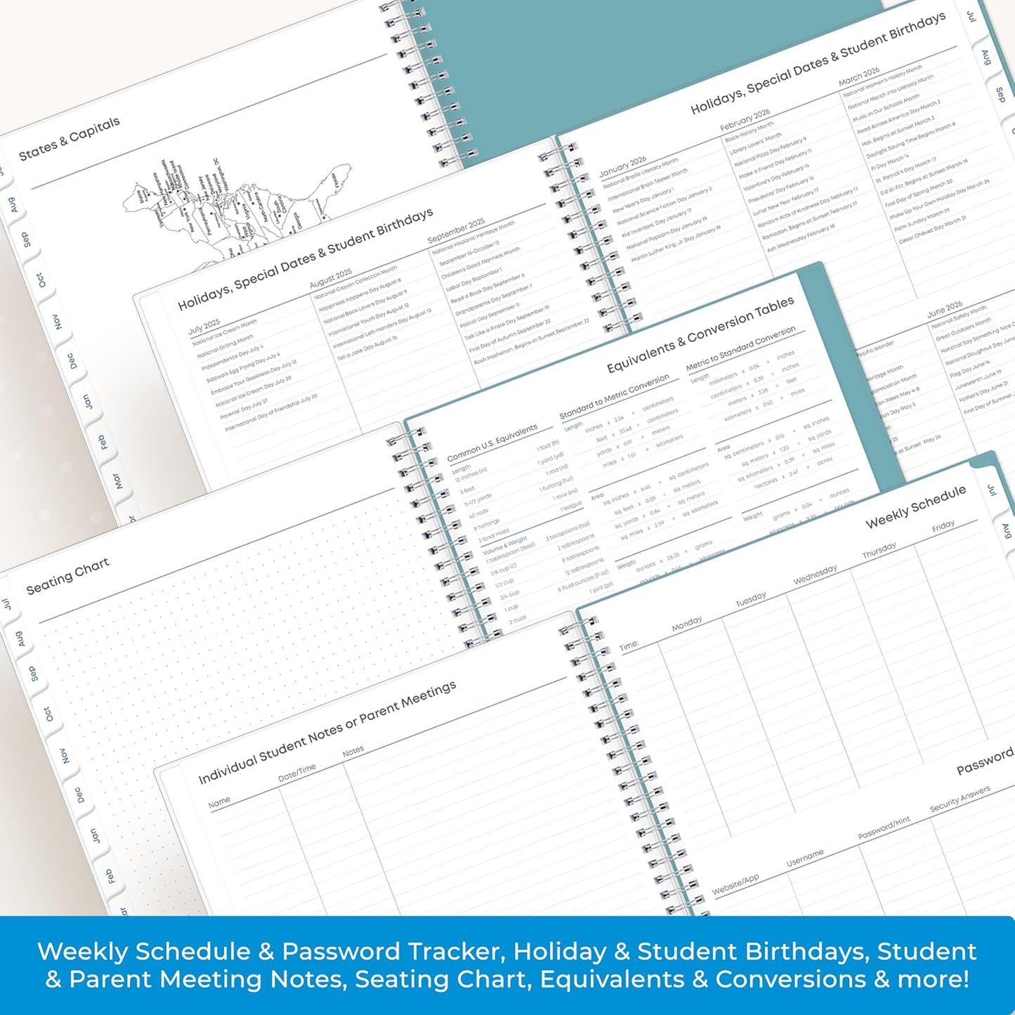 Blue Sky 2025-2026 Weekly and Monthly Academic Year Teacher Lesson Planner Calendar, July 2025 - June 2026, 8.5" x 11", Flexible Cover, Wirebound, Laminated Tabs, Storage Pocket, Dots