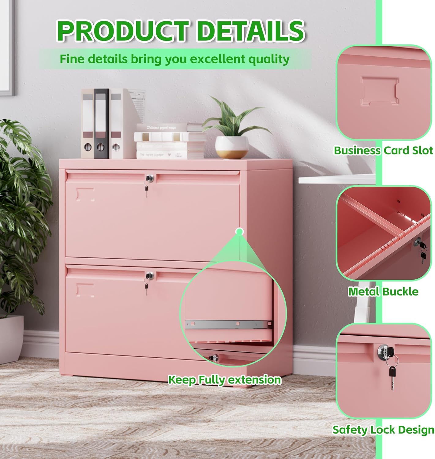 Aobabo 2 Drawer Wide Lateral File Cabinet, Metal Filing Cabinet with Lock, Suitable for Home Office School Hanging Files Letter/Legal/F4/A4 Size,Pink,Required-Assembly,15.87" D x 28.94" W x 30.24" H