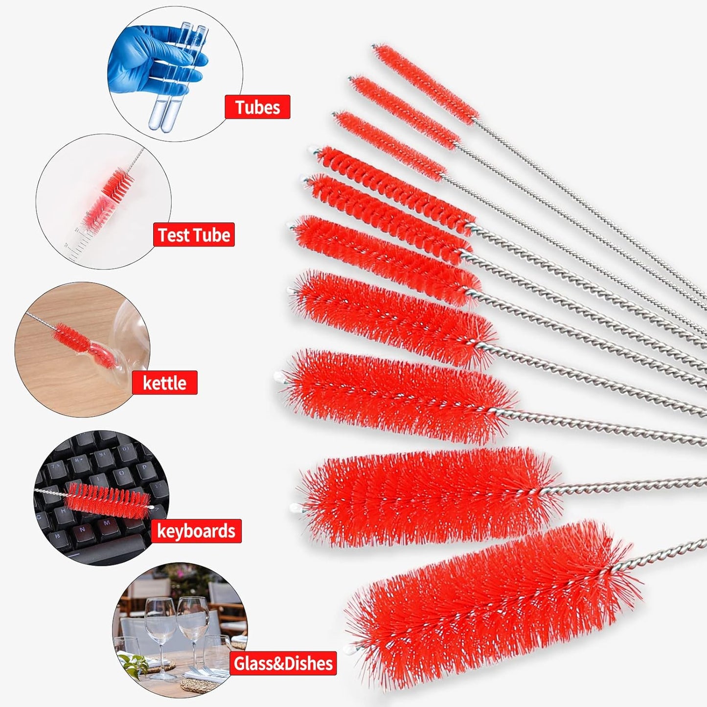 CiaraQ Bottle Cleaning Brushes, 8 Inch Nylon Tube Brush Set, Cleaner for Narrow Neck Bottles Cups with Hook, Set of 10pcs. Red