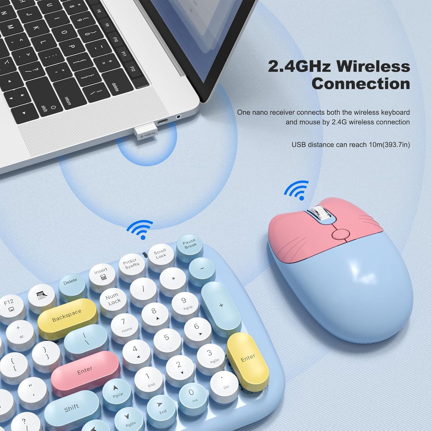Wireless Keyboard and Mouse Combo, Typewriter Retro Keyboards with Cute Cat Shaped Wireless Mouse, 2.4 GHz USB Receiver Plug and Play for Windows, PC, Laptop, Desktop (Blue Colorful)