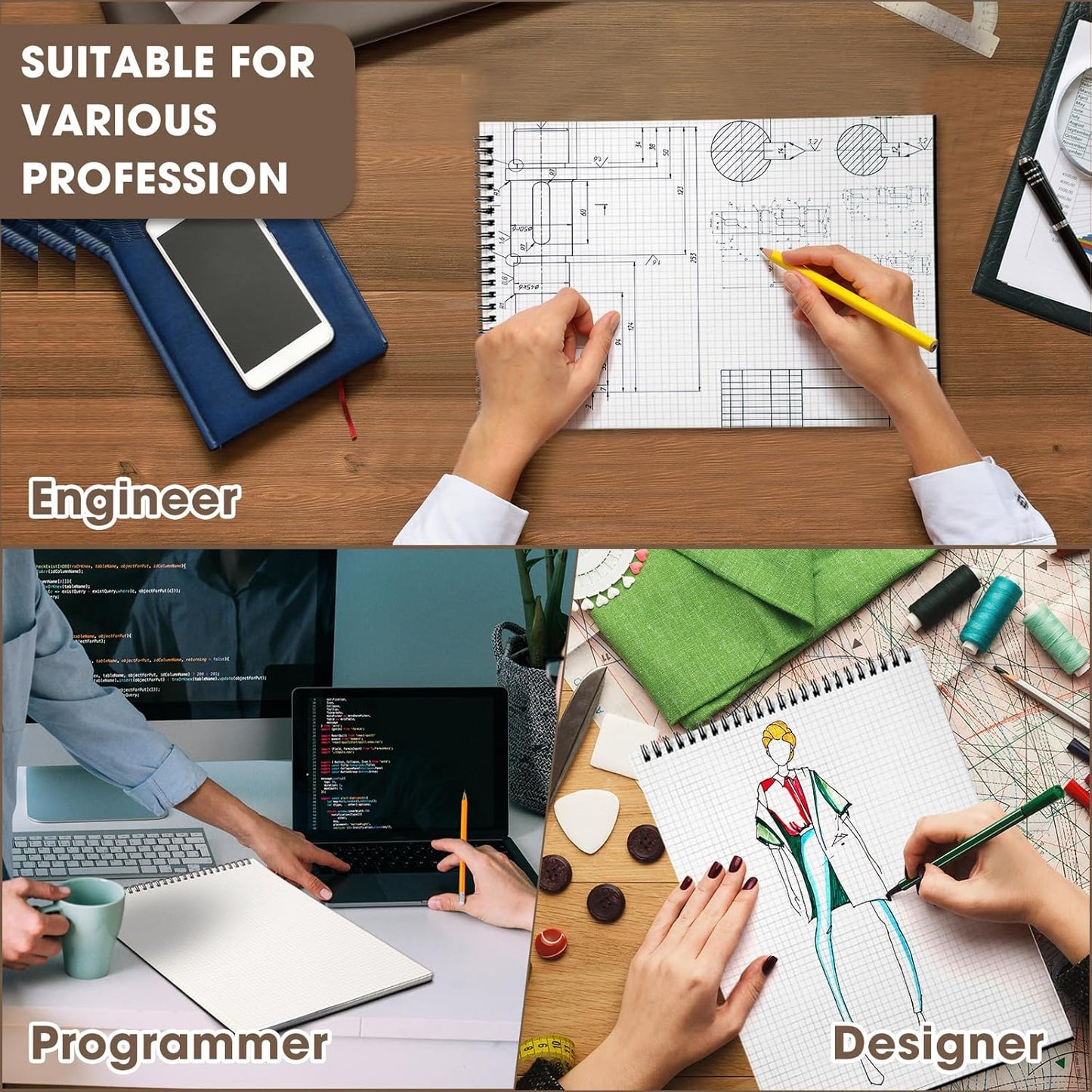 2 Pack Top Spiral Graph Paper Notebooks 8.7 X11.4 Inch A4 Grid Paper Notepad 70 Sheet Memo Steno Pad for Engineering Writing Sketching Drawing School Office Supplies (Black)