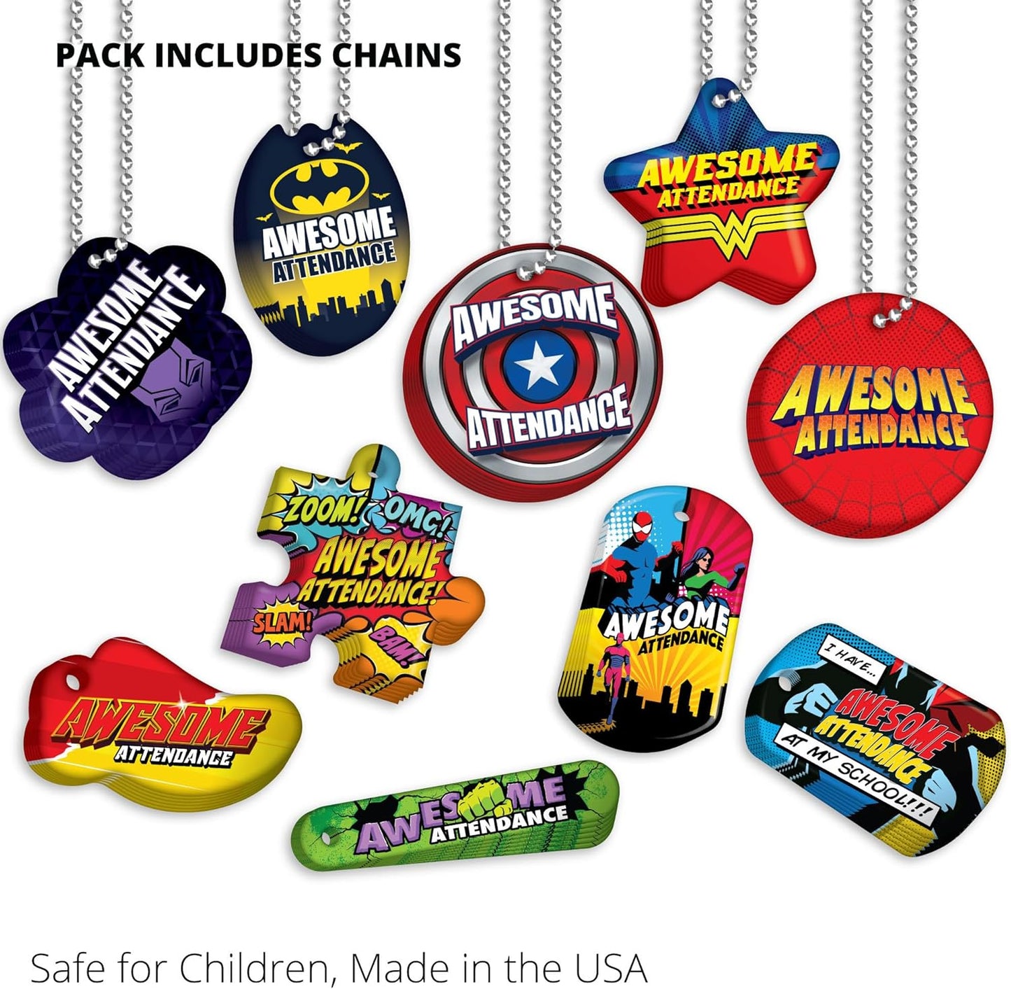 Awesome Attendance Heroes Brag Tag Value Pack to Improve Students' School & Classroom Attendance: 500 Tags (50 Tags for Each Design) + 150 USA-Made 24" Hypoallergenic Aluminum Safety Chains