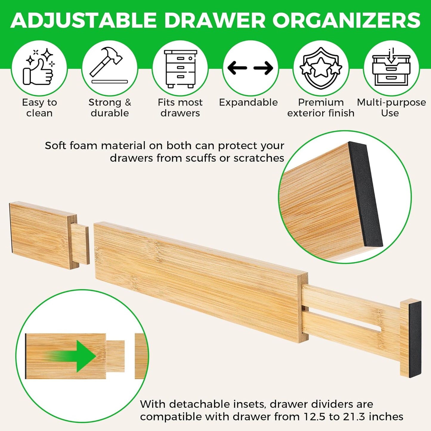 FJO 4 Pack Adjustable Bamboo Drawer Dividers - 12.5" - 21.7" Expandable Drawer Separators for Kitchen, Utensils, Clothes, Bedroom, Dresser, Bathroom (Beige)