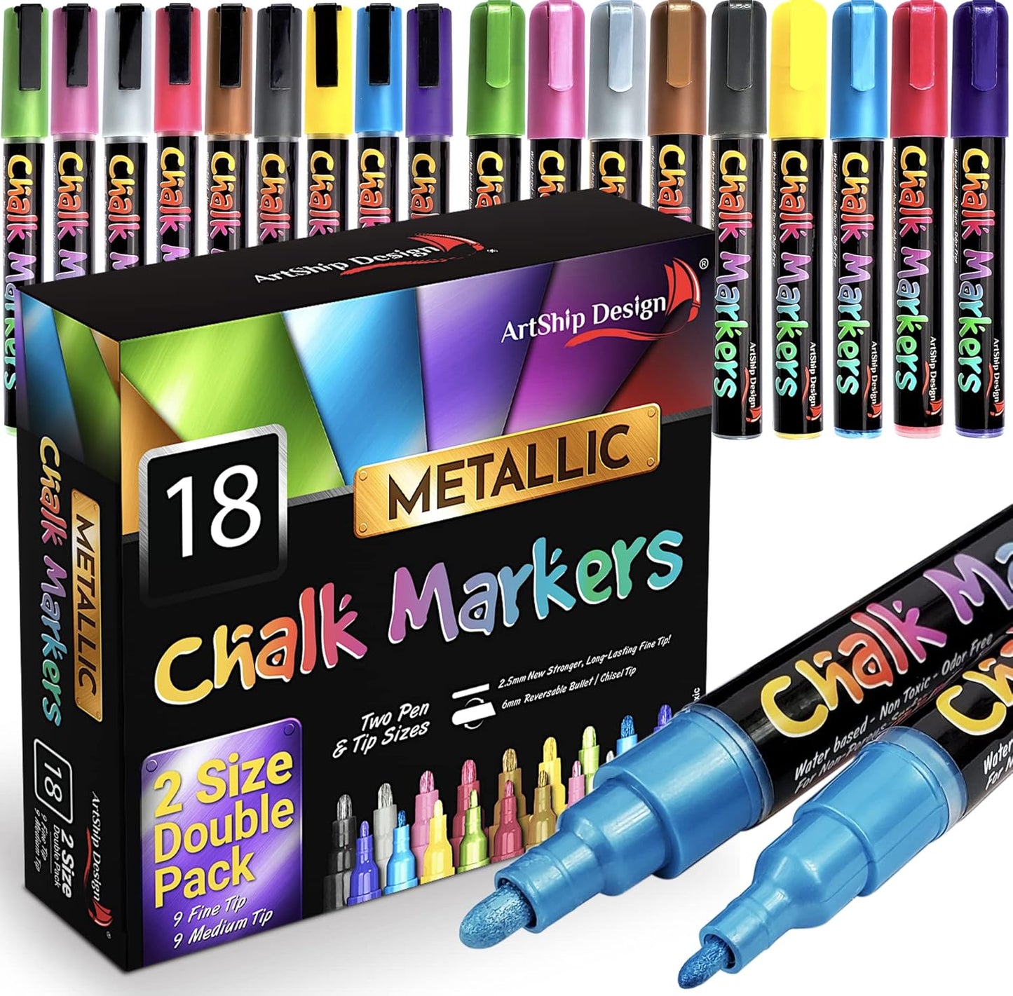 18 Metallic Chalk Markers - Double Pack of Both Fine and Reversible Medium Tip Liquid Chalk Pens - Wet Erasable - Menu Boards, Glass, Windows, White Boards, Classrooms, Mirrors, Plastic