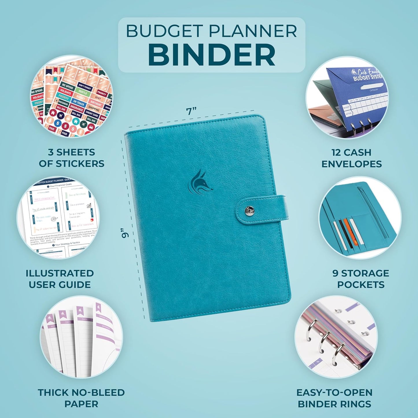Clever Fox Budget Planner Binder – Monthly Financial Organizer Book with Pockets, Bill Tracker, Expense Tracker & Cash Envelopes – Undated Finance Journal for Budgeting – 7″ x 9″ (Turquoise)