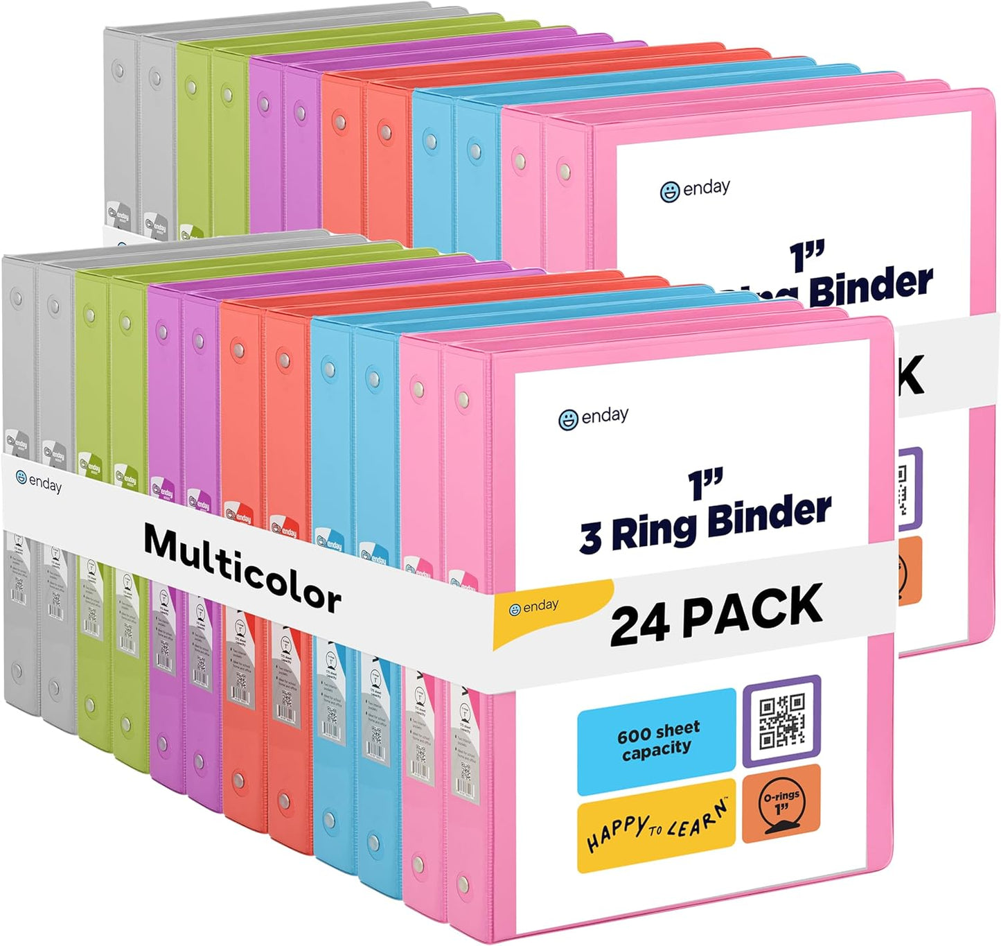 3 Ring Binder 1 Inch, 1” Clear View Cover with 2 Inside Pockets Round Ring Binder, Colored School Supplies Binders, in Grey, Pink, Blue, Purple, Green, and Red, Multicolor (24 PC) – by Enday