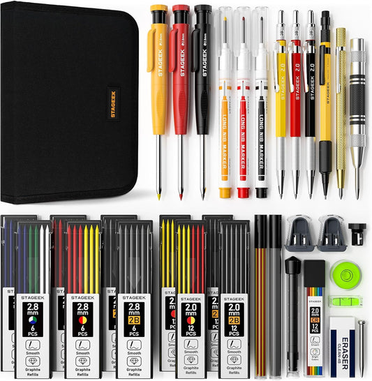 34 Pack Carpenter Pencil Set with Sharpener, Mechanical Carpenter Pencils with Deep Hole Long-Nib Marker Pens, Carbide Scribe Tool & Construction Pencils for Architect Woodworking with Case