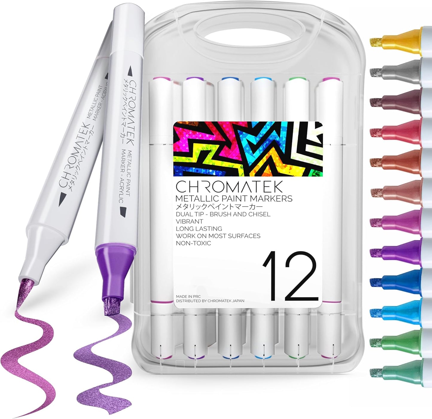 CHROMATEK Dual Tip Metallic Paint Markers - 12 Colors Brush & Chisel Tip Paint Pens for Black Paper, Rock Painting, Scrapbooking, Card Making, Photo Album, Glass, DIY Crafts Art Supplies, Waterproof