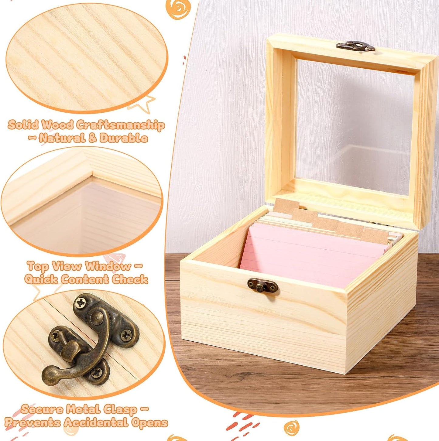 Kathfly 3x5 Index Card Holder Set, 200 Pcs Heavyweight Ruled Notecards and 30 Dividers Wooden Organizer Recipe Box with Flash Card for Home, Office and Kitchen