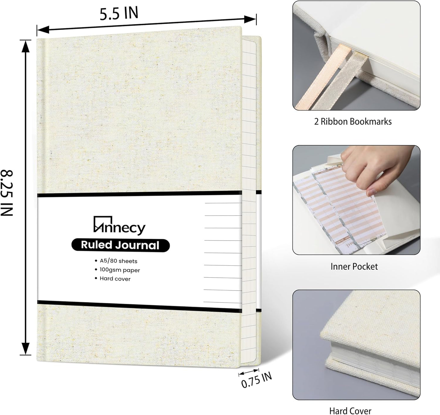 Annecy Lined Journal Notebook, Hardcover Numbered College Ruled Journal, Medium 5.5x 8.25, 160 Pages 100GSM Writing Paper, Beige
