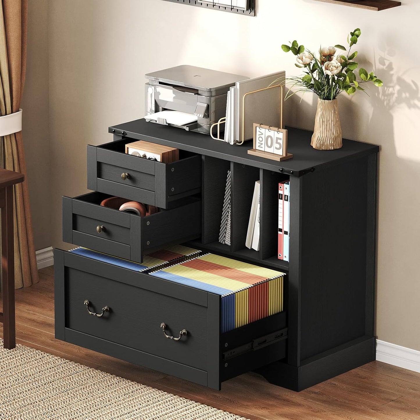 Farmhouse File Cabinet, Lateral Filing Cabinet with 3 Drawers and Folder Organizer, Office Storage Cabinet for A4 Letter Size Files, Printer Stand with Storage for Home Office, Black
