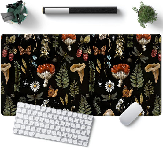 Black Mouse Pad Cottage Core Aesthetic Mouse Pads Mushroom Desk Pad Vintage Mouse Pad Forest Magic Nature Large Desk Pad Ergonomic Mouse Pads with Stitched Edges Non-Slip Computer Mat 31.5x15.7 in