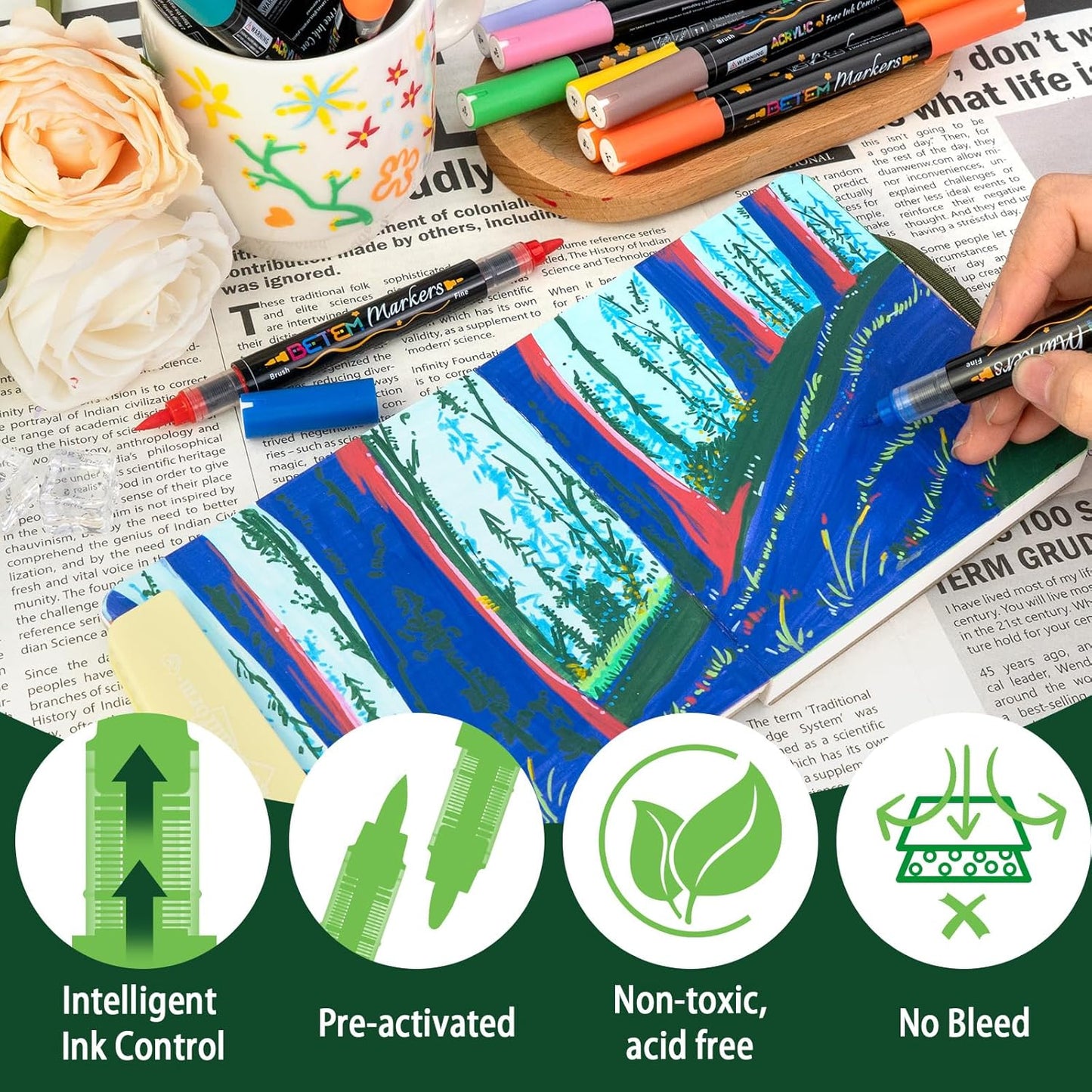 Betem Acrylic Paint Markers Paint Pens, 24 Colors Dual Tip Direct Liquid Acrylic Markers with Automatic Ink Control System, Fine & Brush Tip Art Supplies for Rocks, Wood, Stone, Fabrics, DIY Craft