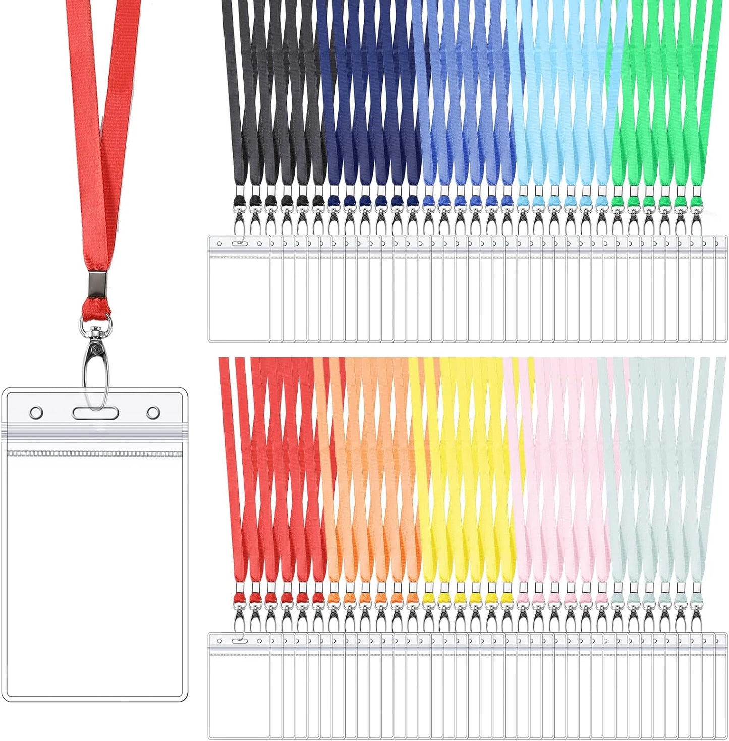 Fumete 100 Sets Name Tag Lanyards with ID Badge Holder Durable Clear Cruise Teacher Lanyards with Plastic Waterproof ID Badge Holders Bulk for Adults Teacher School Office Ship Cards(Bright Color)