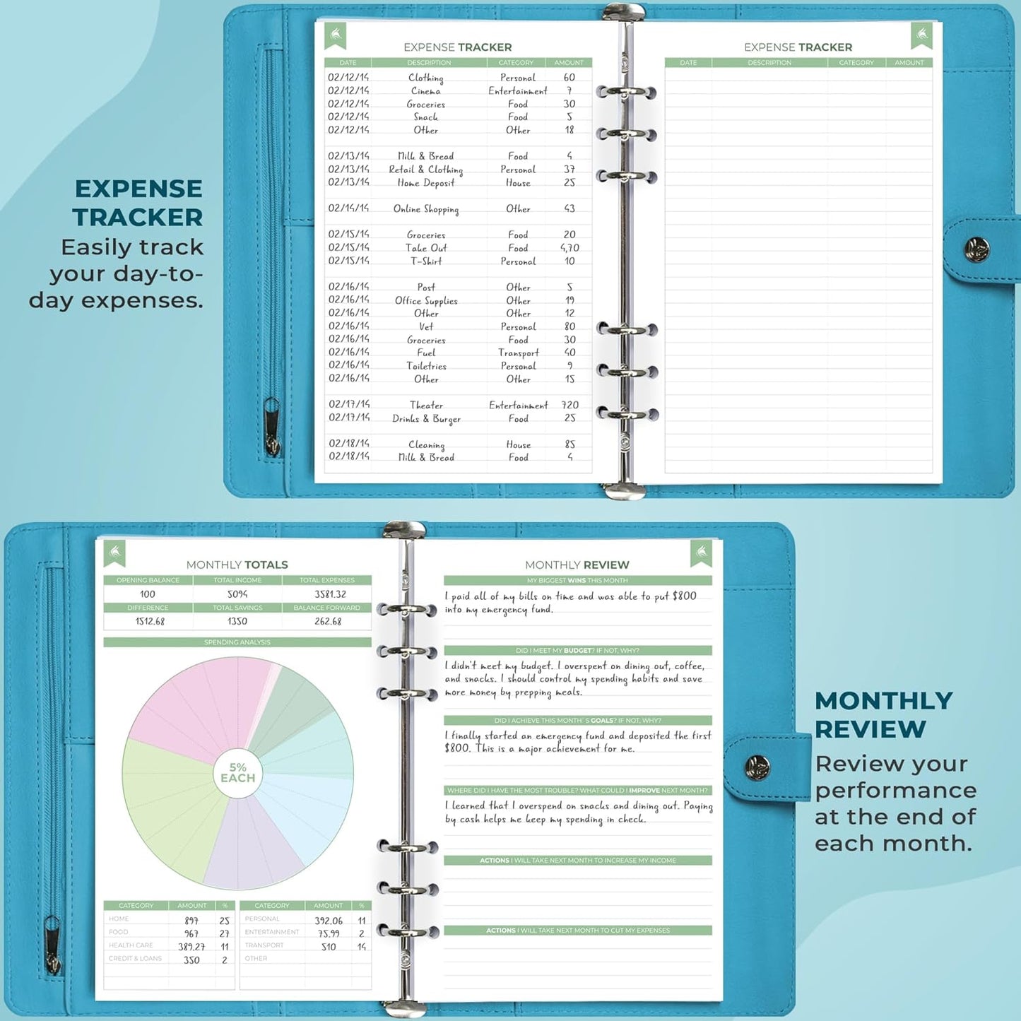 Clever Fox Budget Planner Binder – Monthly Financial Organizer Book with Pockets, Bill Tracker, Expense Tracker & Cash Envelopes – Undated Finance Journal for Budgeting – 7″ x 9″ (Turquoise)