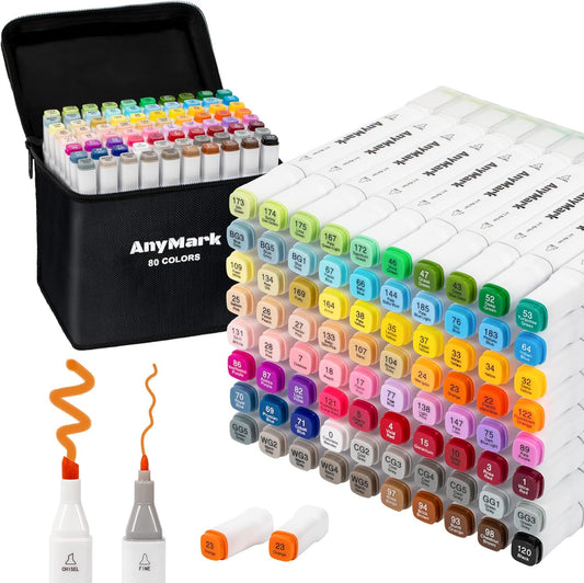 AnyMark Alcohol Markers, 80 Colors Dual Tip Art Coloring Markers Set for Kids Adult Book Drawing Sketching Painting, Chisel & Fine, White Penholder