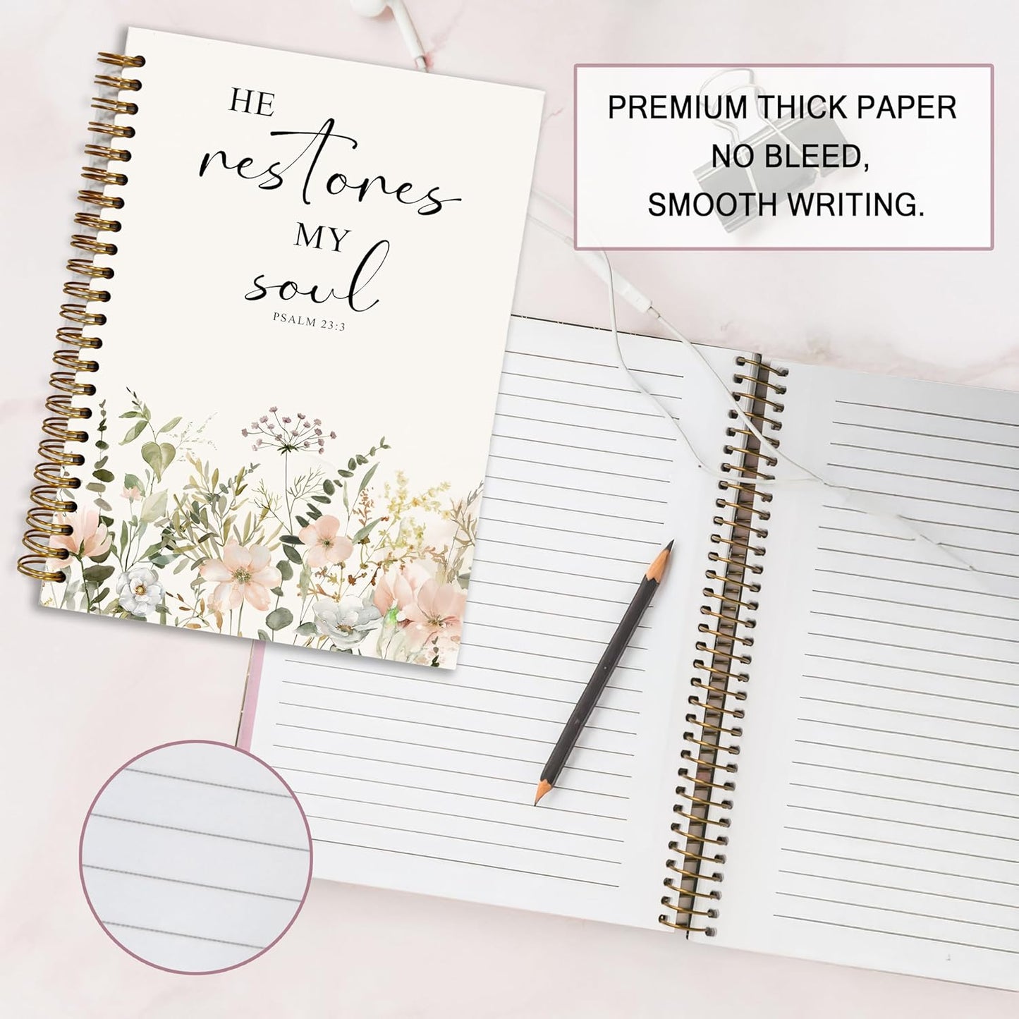 Bible Notebook, A5 Spiral Christian Journal with Floral Notebook, Bible Verse-He Restores My Soul, Inspirational Notebooks for Women, Bible Study, Gift for Birthday Christmas, Office Supplies (White)
