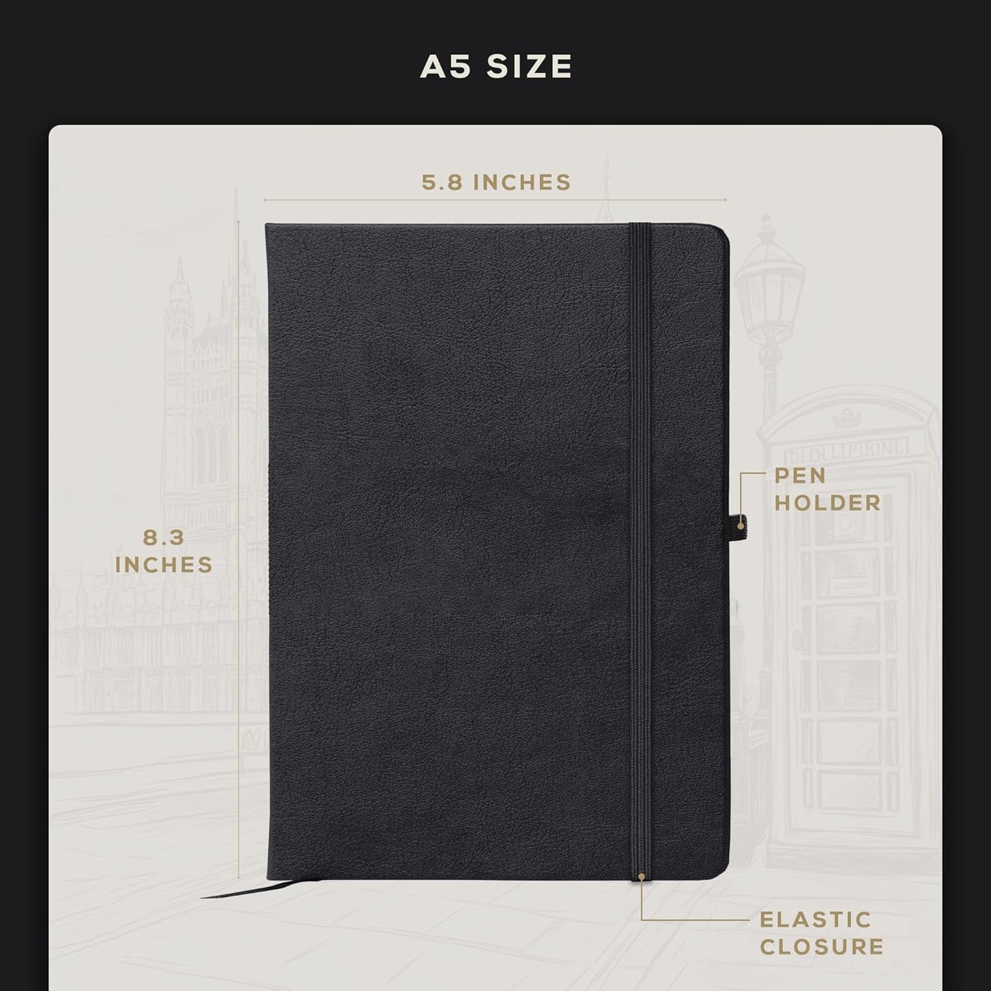 BEECHMORE BOOKS Graph Paper Notebook - Regular, Black | Premium Square Grid Math & Science Journal | 5.75" x 8.25" Hardcover Vegan Leather | Thick 120gsm Cream Graph Paper | Gift Box for Men & Women