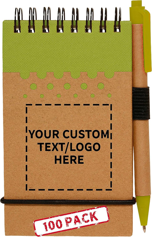 DISCOUNT PROMOS 100 Recyclable Spiral Small Notebooks Pack - Customizable Text, Logo - 60 Lined Pages - Lime Green