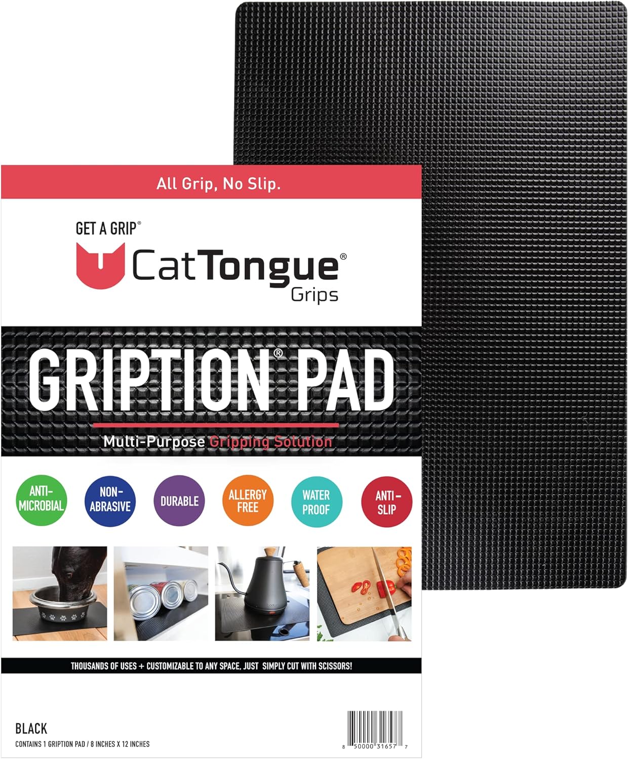 CatTongue Grips Non-Adhesive Anti-Slip Mat - Multi-Purpose Non-Slip Pad for Countertops, Desks, Tables & Workspaces - Ideal Desk Mat, Drawer Liner, Laptop Pad & More (Black, 8” x 12”)