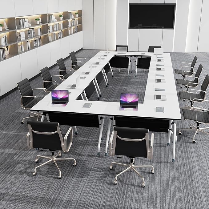 Conference Table, Folding Conference Room Tables, Mobile Training Tables with Silent Wheels, Large Rectangular Modular Seminar Table Office Computer Desks for Classroom White (8Pack L63in)