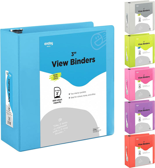 3 Slant D-Ring Binder 3 Inch Blue, 3 in Clear View Cover with 2 Inside Pockets Binder, Heavy Duty Colored School Supplies Binders,Also Available in Green, Grey, Purple, Red, Pink (24 PC) – by Enday