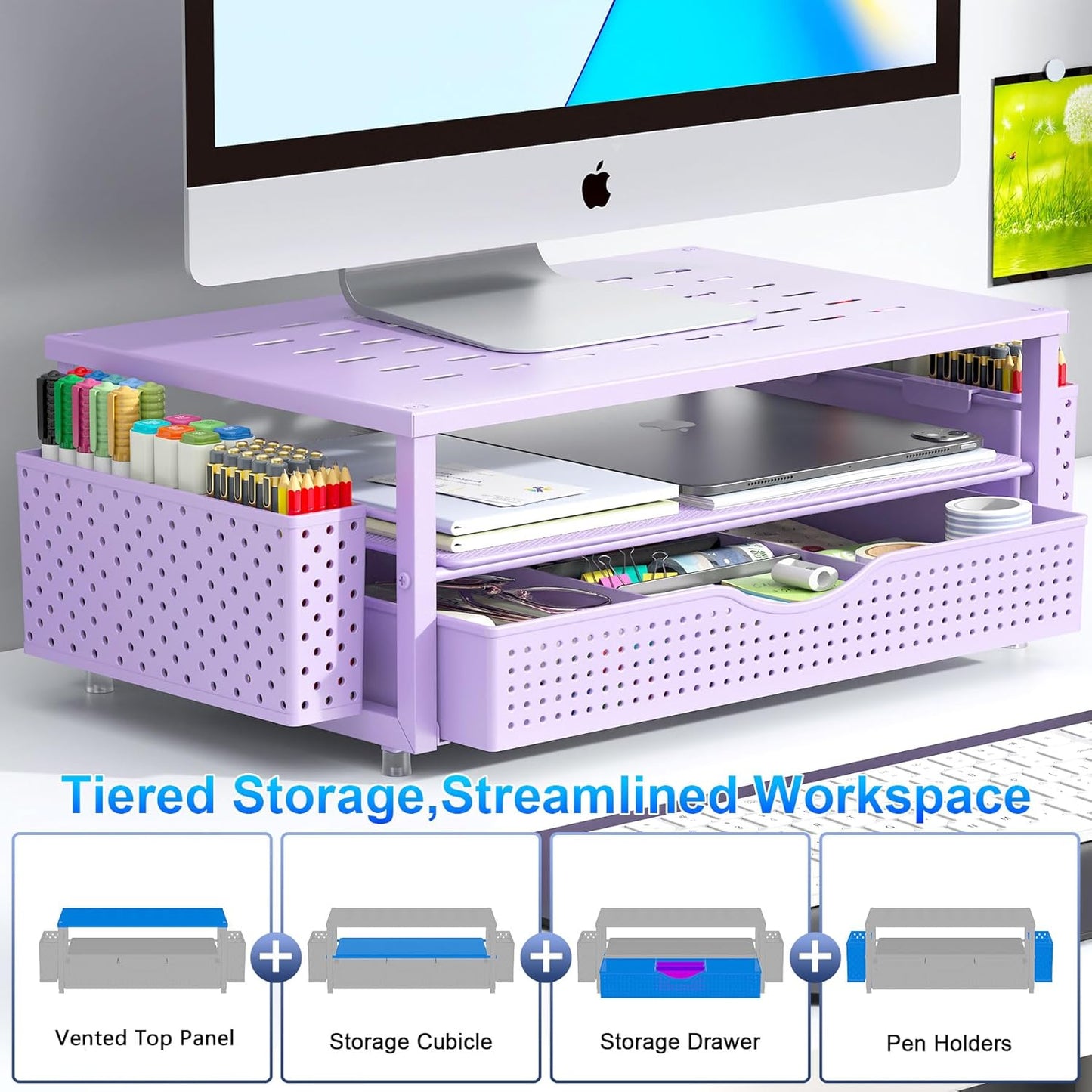 gianotter Desk Organizers and Accessories, Monitor Stand with Drawer and 2 Pen Holder, Purple Desk Accessories, Computer Stand Suitable for Offices and Dormitories (Purple)