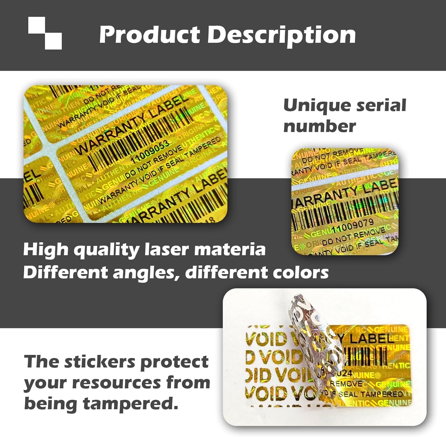 650pcs Hologram Tamper Evident Proof Stickers with Barcode,Security Labels Genuine Warranty Void Seal with Unique Serial Number(1.2 X 0.6 Inch Gold)