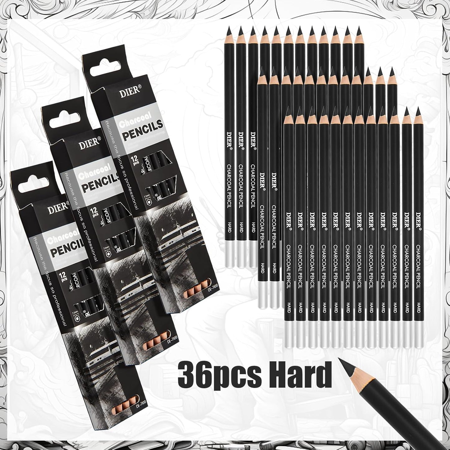 Geyoga 36 Pcs Professional Charcoal Pencils Soft, Medium and Hard for Drawing Charcoal Pencils for Sketching Shading Drawing Blending Portrait(Black, Hard)