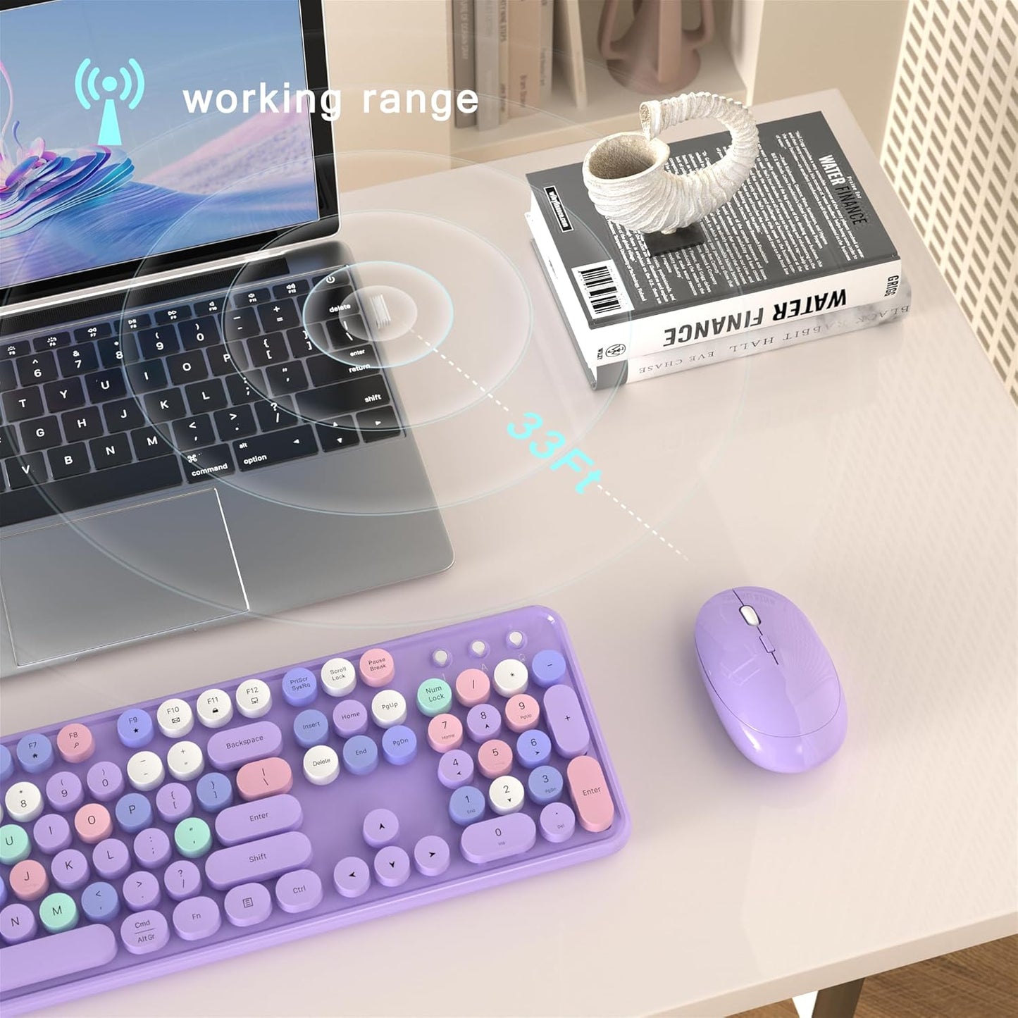 Colorful Wireless Computer Keyboard and Mouse Combo with Round Typewriter Keycaps, Retro Design, Power Switch, Ergonomic Design, 2.4GHz Wireless for Windows, Mac, PC(Purple-Colorful)