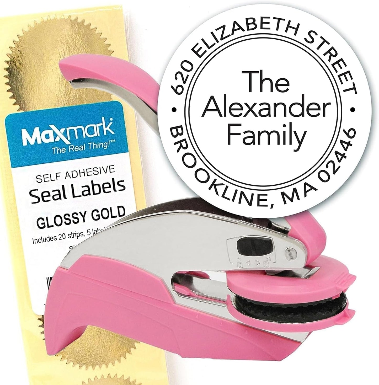 Custom Monogram Address Pink Embosser - Personalized Round Seal with 50 Gold Seal Labels - Style EM029